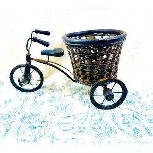 Vintage Metal & Wood Tricycle Bicycle Plant Stand Planter w Wicker Basket
